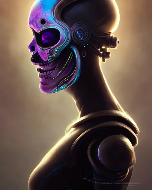 Image similar to side portrait of female android, sharp focus, sci - fi, fantasy art, digital illustration, dia de los muertos. octane render, unreal engine. concept art. art by artgerm and wlop and giger and greg rutkowski and rossdraws and alphonse mucha and gallen - kallela, 8 k, hdr