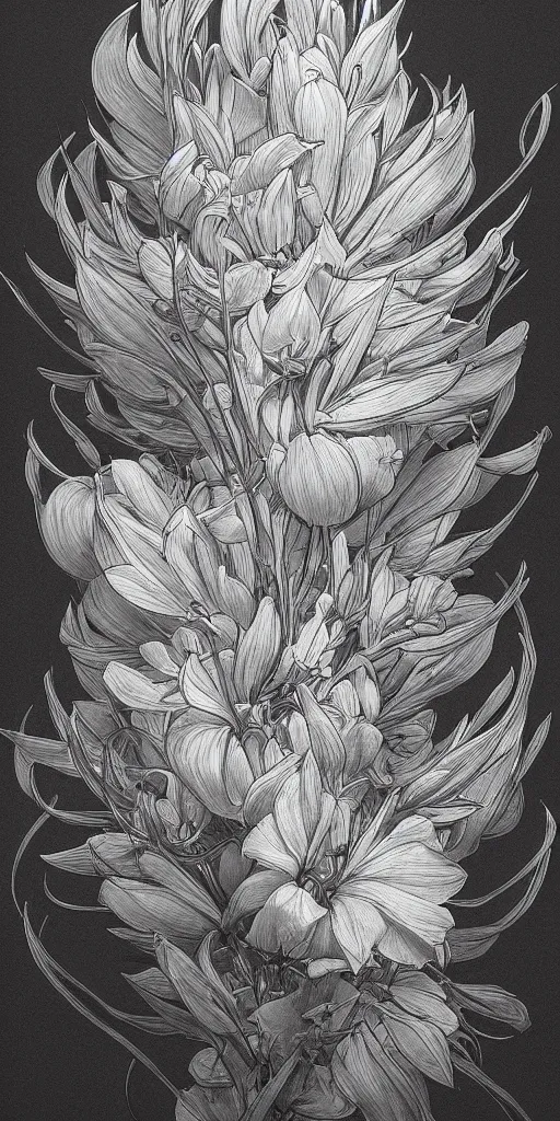 Image similar to highly detailed beautiful photography of flower, sharp focus, dramatic, dynamic lighting, elegant, harmony, beauty, masterpiece, by durero, by moebius, by josan gonzalez, pencil draw