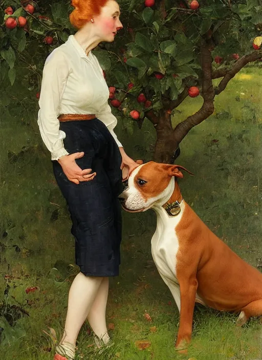 Image similar to illustration full body portrait of elegant slim mature woman standing beside staffordshire bull terrier in orchard, by norman rockwell, roberto ferri, daniel gerhartz, tom lovell, dean cornwell