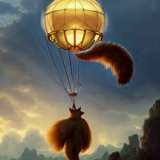 Image similar to anthropomorphic fluffy fox look like Indiana jones on the hot air balloon at night, clouds around, entire person visible, DnD character, unreal engine, octane render, dramatic lighting, pond, digital art, by Stanley Artgerm Lau, greg rutkowski, thomas kindkade, alphonse mucha, loish, norman Rockwell,