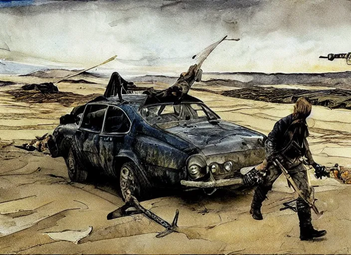 Image similar to mad max fury road, painting by andrew wyeth, very detailed, somber mood,