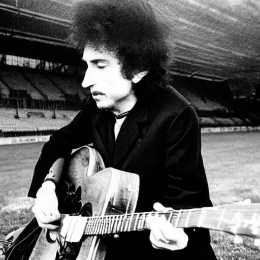 Prompt: bob dylan riding a motorcycle and playing his guitar in the fulham football club stadium, photograph