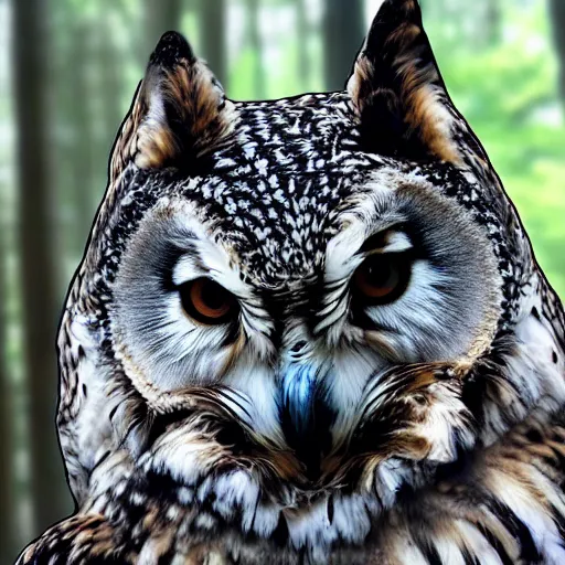 Image similar to mixture between an! owl and wolf, captured in a forest