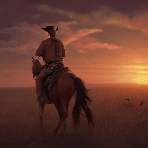 Image similar to a wounded cowboy watching a sunset, concept art, DeviantArt, art station, illustration, highly detailed, artwork, cinematic, hyper realistic