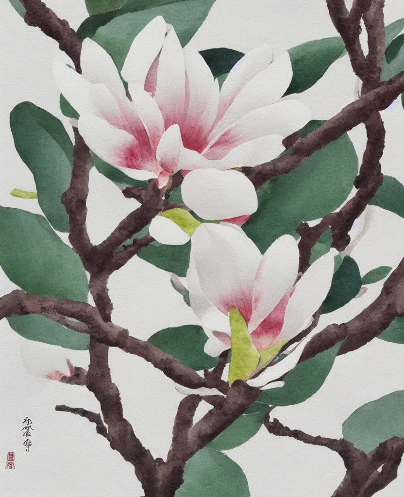 Prompt: japanese naturalist watercolor of magnolia sprig on white background. textbook.