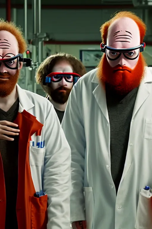 Image similar to a person with 3 eyes, person with a 3rd eye in the middle of their forehead, an awkwardly tall scientist with 3 eyes and a tangled beard and unruly red hair atop his balding head wearing a labcoat and welding goggles and holding a beaker, high resolution film still, movie by Ivan Reitman