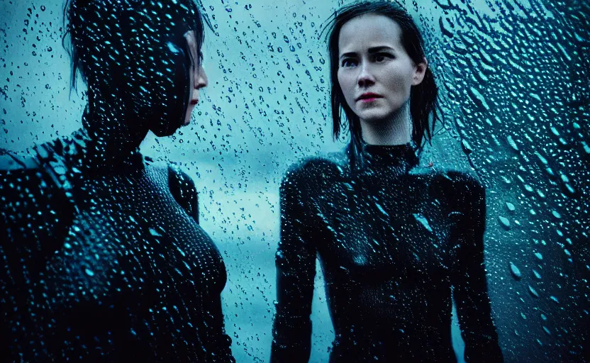 Image similar to cinestill 5 0 d candid photographic portrait by christopher nolan of two loving female androids wearing rugged black mesh techwear in treacherous waters, city, clear sky planets, helicopter, medium closeup, modern cyberpunk moody cinematic, pouring iridescent rain bright spotlight, 8 k, hd, high resolution, 3 5 mm, f / 3 2, ultra realistic faces, ex machina