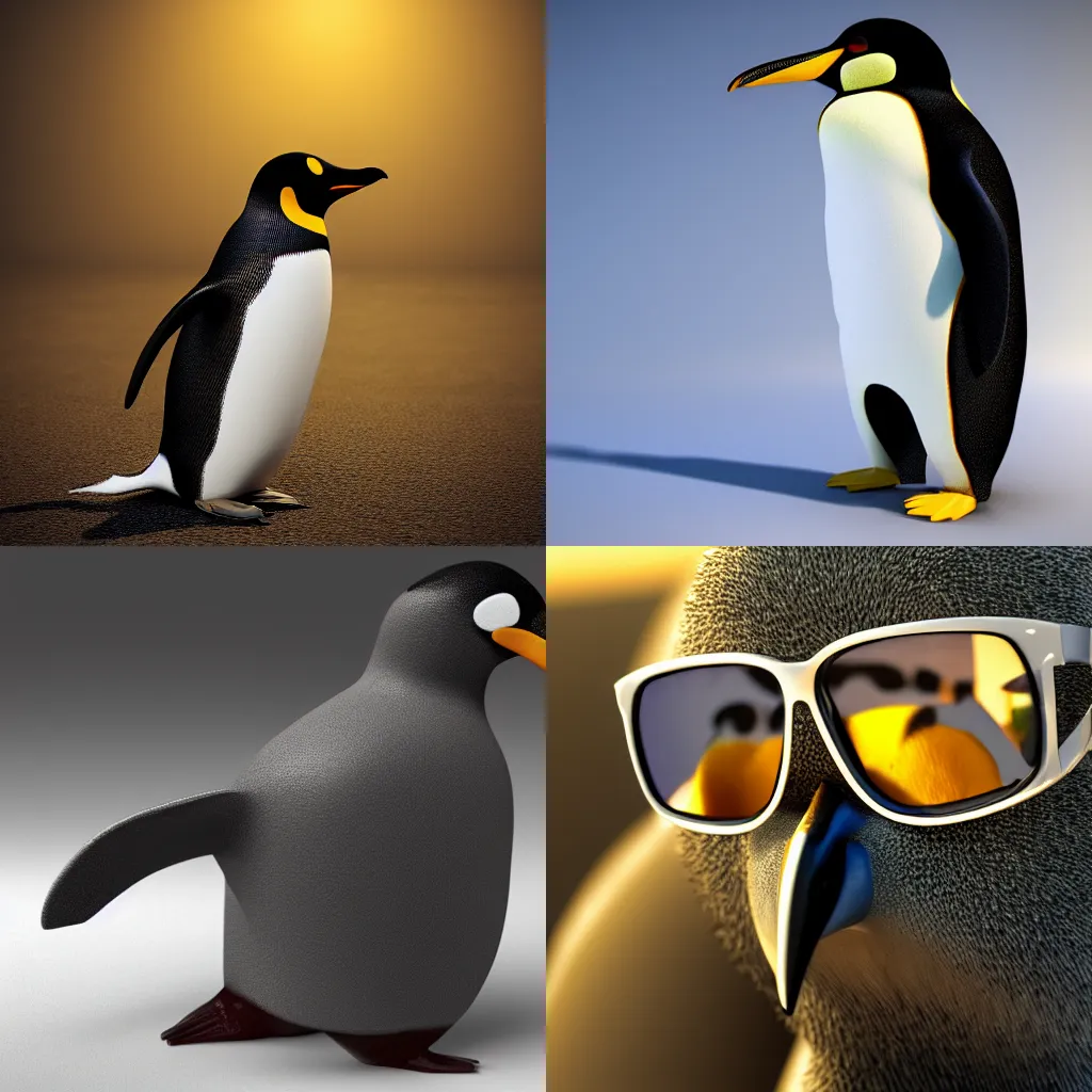 Prompt: 3D photorealistic render of a Penguin with a shotgun and sunglasses, dramatic backlighting, bokeh, 81mm, realistic texture, trending on artstation