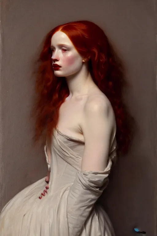 Prompt: portrait en buste Madelaine Petsch in period dress by Roberto Ferri, by Jeremy Lipking, Realism