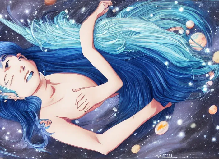 Image similar to a woman with blue hair laying on the ground with her head down, a detailed painting by rei kamoi, featured on pixiv, space art, official art, anime, toonami