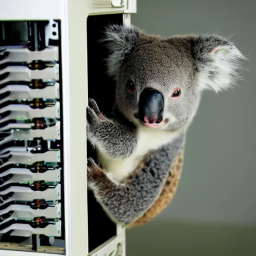 Image similar to A koala keeping a server running