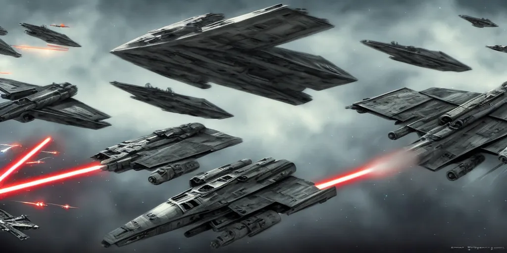 Image similar to Star Wars vs the US Air Force, fighting, planes, battlefield, trending on art station, epic battle, intense battle, large scale battle, Star War Army, United States Air Force , infantry, 8k