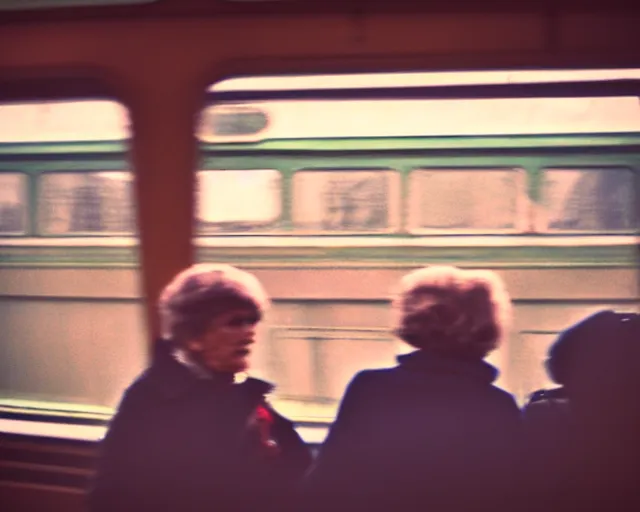 Image similar to a lomography photo of rumble between two grandmoms in soviet train this morning, bokeh,