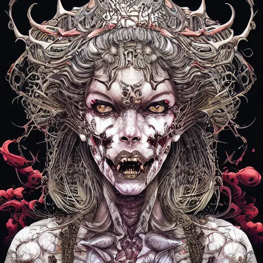 Prompt: portrait of mad zombie queen, symmetrical, by yoichi hatakenaka, masamune shirow, josan gonzales and dan mumford, ayami kojima, takato yamamoto, barclay shaw, karol bak, yukito kishiro illustration, clear line