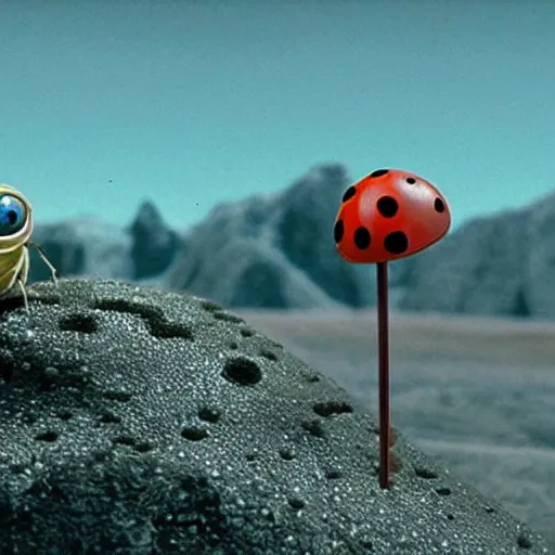 Image similar to promotional still wide angle, a mountain - sized ladybug with three legs roams a barren wasteland, dramatic lighting, ( e. t. the extra - terrestrial ), batteries not included, harry potter, imax, 7 0 mm.