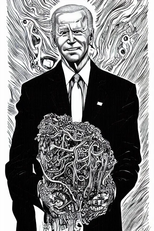 Image similar to Joe Biden full body portrait, body horror, black and white Illustration by Junji Ito