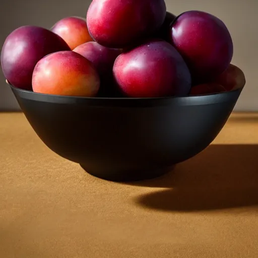 Prompt: a porcelain bowl filled with six large moist freshly picked plums. volumetric lighting. 4 k. small scale.