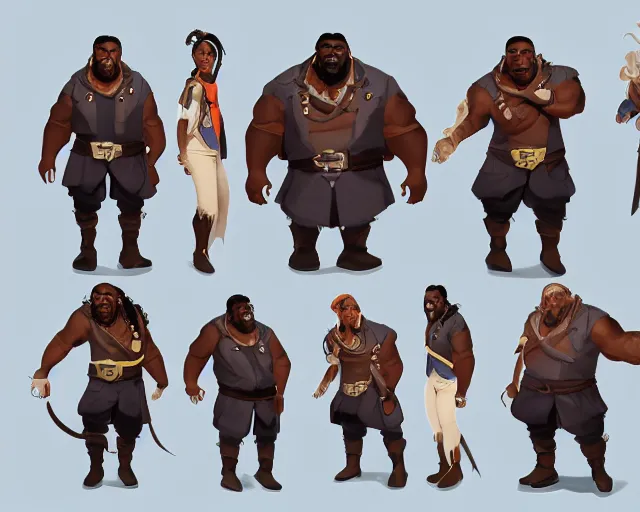 Prompt: sea of thieves character portrait concept art for a huge hulking muscular african american man wearing a blue jacket shirt pants and boots with a pegleg, cgsociety, trending on artstation, character sheet, model sheets, angles, reference, rare ltd,