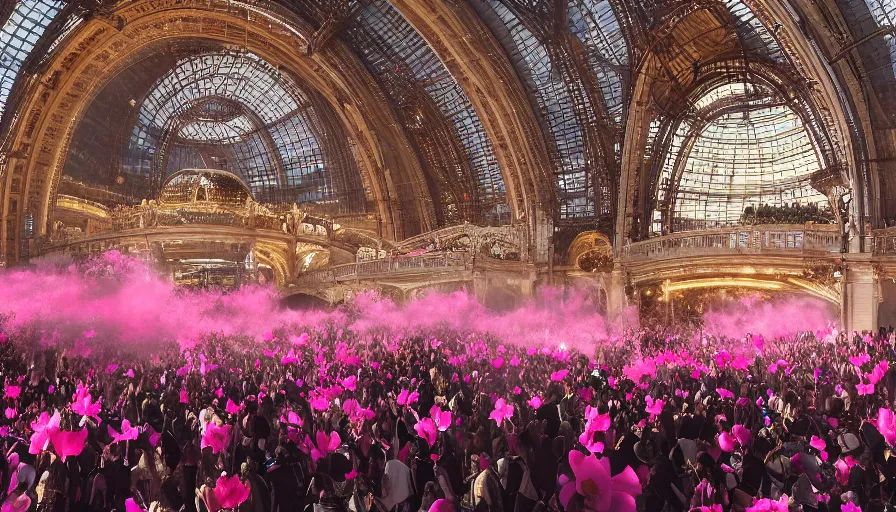 Image similar to victoria secret parade in the galeries nationales du grand palais in paris, light, shadows, reflections, flowers, epic composition, intricate, elegant, volumetric lighting, 4 k resolution, octane render, unreal engine, ultradetailed, photorealistic, ultrarealism, trending on artstation