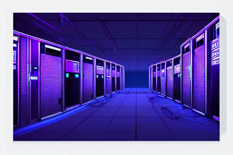 Image similar to realistic robot in a data server room, computers, neon and dark, purple and blue color scheme, by dan mumford, kirokaze and valenberg