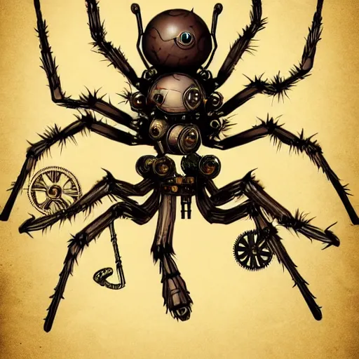 Image similar to 2d game art of steampunk spider, game character design, articulated joints, detailed, blank background