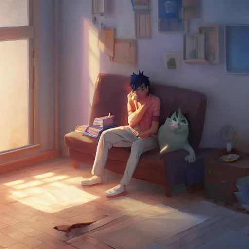 Prompt: a cat and man exist in a room. digital art. artstation. realistic. vibrant. illustration. in the style of pixar movie. octane render. art by makoto shinkai, stanley artgerm lau, wlop, rossdraws. volumetric lighting.