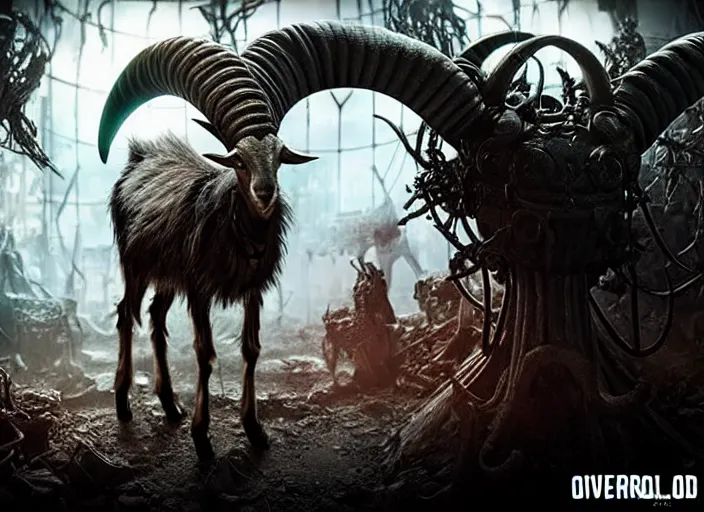 Image similar to intricate goat from overlord anime, on the background of a weird magical mechanical forest. Very detailed 8k. Fantasy cyberpunk horror. Sharp. Cinematic post-processing