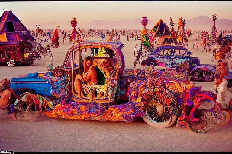 Prompt: creative fanciful Art Cars of BurningMan on the Playa, Kodachrome, photorealistic, detailed with colorful people,