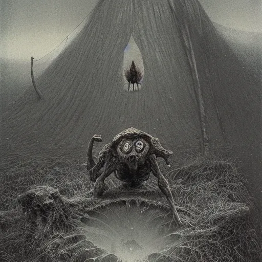 Prompt: beksinski goblin camping