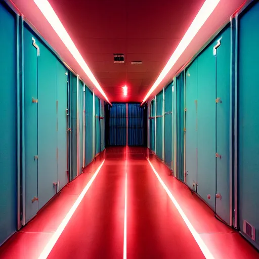 Prompt: noisy color photograph of a retrofuturist modern liminal space, laboratory, prison, red lights, automatic doors, minimalist, cinematic, soft vintage glow