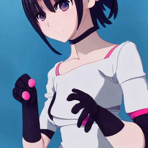 Image similar to girl, bare shoulders, detached sleeves, looking at viewer, open mouth, partially fingerless black gloves, pink background, red eyes, short hair, white hair, white shirt, white sleeves, wolf ears, artwork made by makoto shinkai