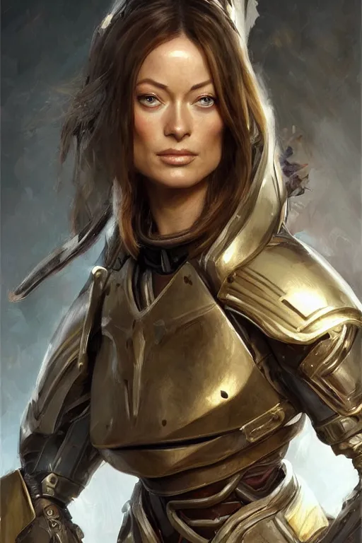 Image similar to a professional painting of a young Olivia Wilde, clothes in military armor, olive skin, long dark hair, beautiful bone structure, symmetrical facial features, intricate, elegant, digital painting, concept art, smooth, sharp focus, illustration, from StarCraft by Ruan Jia and Mandy Jurgens and Artgerm and William-Adolphe Bouguerea