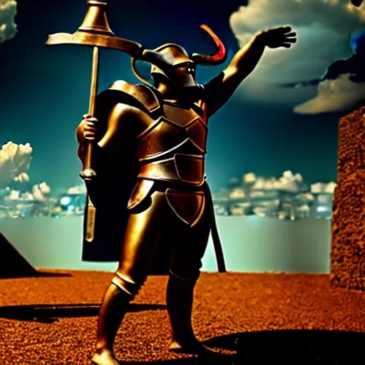 Image similar to a minotaur wearing plate armor and holding a mace, high resolution film still, 4k, HDR lighting, film by Thor Freudenthal and Chris Columbus