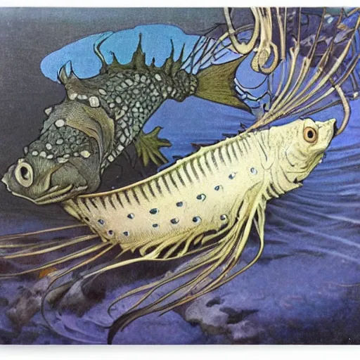 Prompt: a single fantasy hybrid animal with features of an armored catfish, the fins and legs of a sea robin, and the skin and gills of a lamprey, with six large black eyes, long tendrils, and complex markings. the animal is swiming in dark blue and purple toned water in a jagged rocky landscape by alphonse mucha and h. r. giger.
