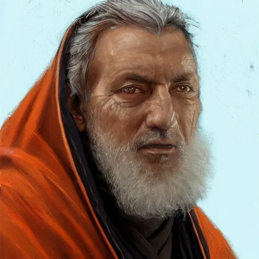 Image similar to portrait of a man by Greg Rutkowski, a Jedi Master in his 60s, Arab features and olive skin, long black hair and beard, wise appearance, orange robes, Star Wars Expanded Universe, he is about 60 years old, highly detailed portrait, digital painting, artstation, concept art, smooth, sharp foccus ilustration, Artstation HQ