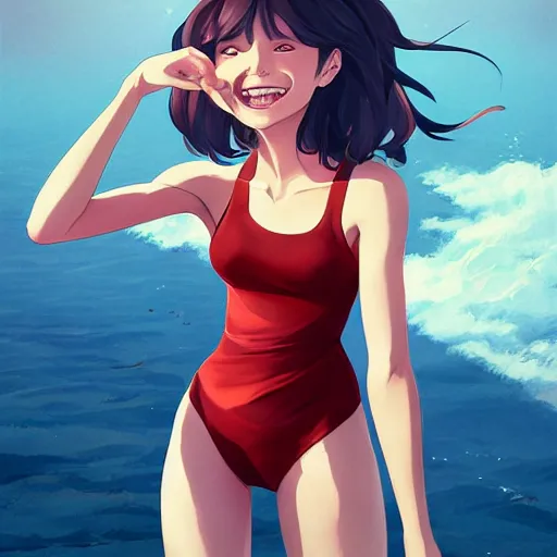 Prompt: lois van baarle, artgerm, helen huang, by makoto shinkai and ilya kuvshino, rossdraws, illustration, art by ilya kuyshuno. cute scarlet red haired cybertronic woman, steel gray body, denim shorts, at beach at sunset, beautiful face, smile, elegant, exaggerated proportions, looking at camera