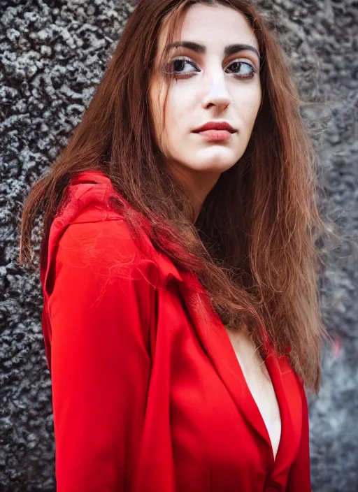 Prompt: close up portrait of beautiful Italian woman, red clothes, well-groomed model, candid street portrait award winning