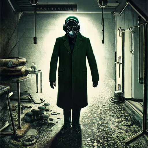 Prompt: UHD hyperrealistic photorealistic detailed image of a man in a longcoat, wearing a full-head gasmask, inspired by the Stalker video game series standing in front of an laboratory door, in a ruined and dark underground lab with a green undertone by Ayami Kojima Amano Karol Bak, Greg Hildebrandt and Mark Brooks