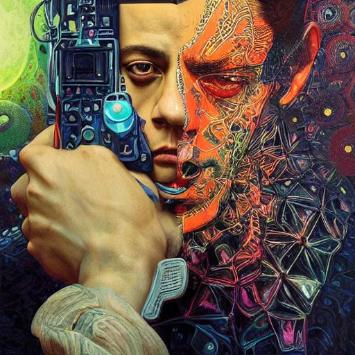 Image similar to portrait of rami malek, hyper detailed masterpiece, neon floral pattern, jean giraud, digital art painting, darkwave goth aesthetic, psychedelic, artgerm, donato giancola and tom bagshaw