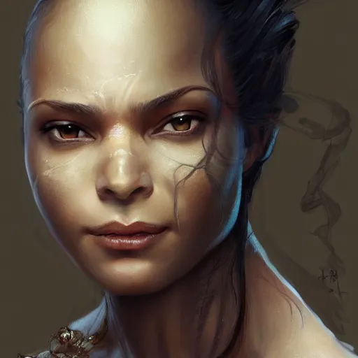 Prompt: beautiful, very strong, mixed race, female, aged 4 0, face, no makeup, head shot, fantasy, highly detailed, digital painting, artstation, concept art, smooth, sharp focus, illustration, art by brom and greg rutkowski and alphonse mucha