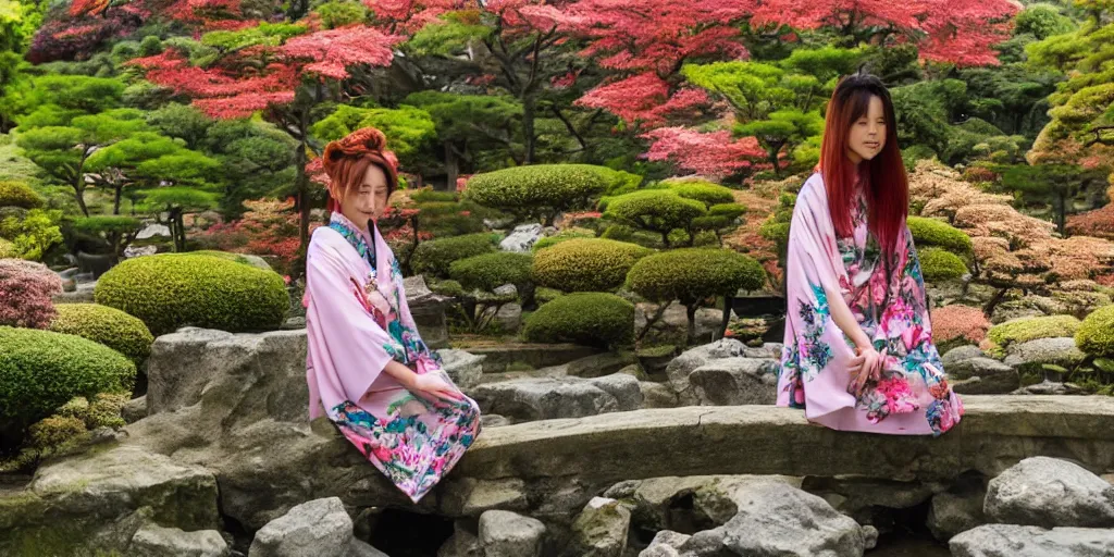 Prompt: A beautiful amber haired woman in a kimono in a Japanese garden