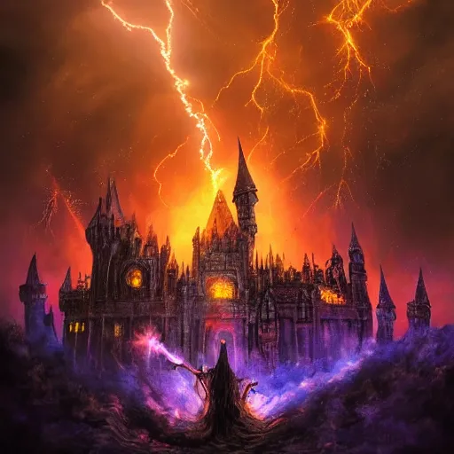 Image similar to A photo of a million sorcerers holding torches attacking magic castle under siege, fire from sky, blue lightnings, dramatic purple thunders, golden meteors, war, dramatic shadows, powerful photo, magic, dramatic lighting, intricate, wild, highly detailed, digital painting, artstation, concept art, smooth, sharp focus, illustration, art by artgerm and greg rutkowski and alphonse mucha, footage