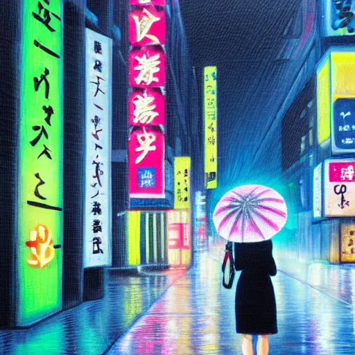 Prompt: a woman holding an umbrella, walking down the streets of tokyo, with neon signs, while it's raining. extremely detailed, oil on canvas. award winning