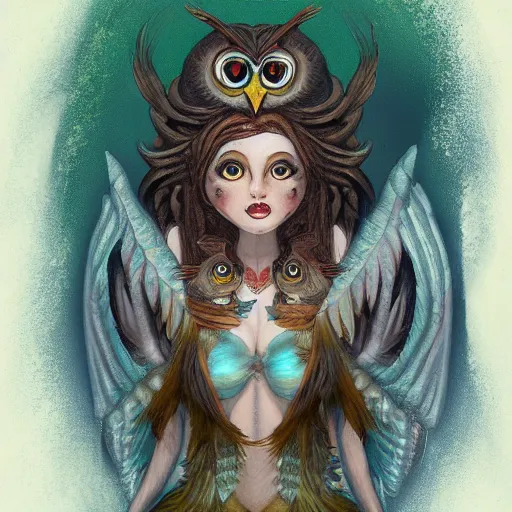 Image similar to owl goddess, ritual in a forest, trending on artstation, concept art