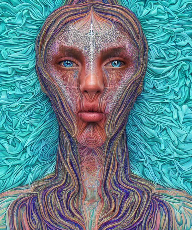 Prompt: A epic photo illustration of beautiful woman symmetrical portrait by Michael Sydney Moore, Alex Grey, hyper detailed, 50mm, award winning photography