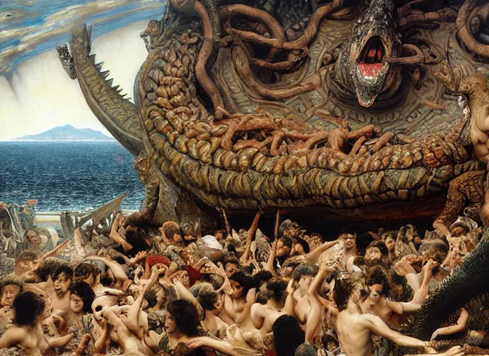 Image similar to godzilla attacking the raft of the medusa, painting by lawrance alma - tadema, hyper - realistic, highly detailed