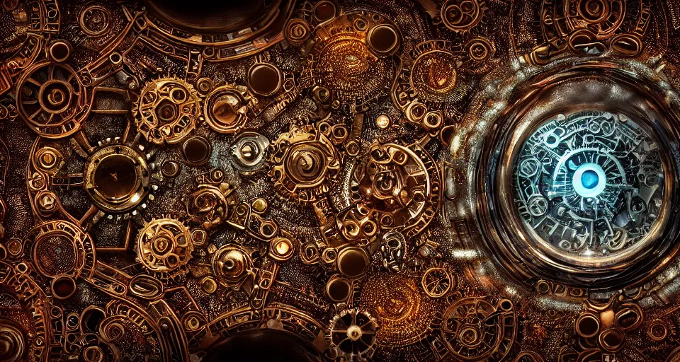 Prompt: Extreme close up of intricate Retrowave Steampunk mandelbulb fractal, made of clockwork and gem tones and filigree platinum, ultra detailed, fractal art, cgsociety, bokeh, bokeh