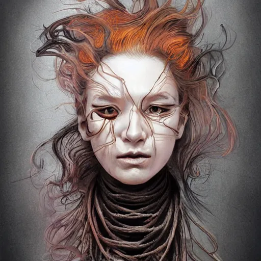 Prompt: portrait of a Shibari rope wrapped face and neck, headshot, insanely nice professional hair style, dramatic hair color, digital painting, of a old 17th century, old cyborg merchant, amber jewel, baroque, ornate clothing, scifi, realistic, hyperdetailed, chiaroscuro, concept art, art by Franz Hals and Jon Foster and Ayami Kojima and Amano and Karol Bak,