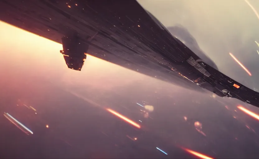 Prompt: film still pov from the cockpit of a space fighter during an epic space battle, slight motion blur, 4k