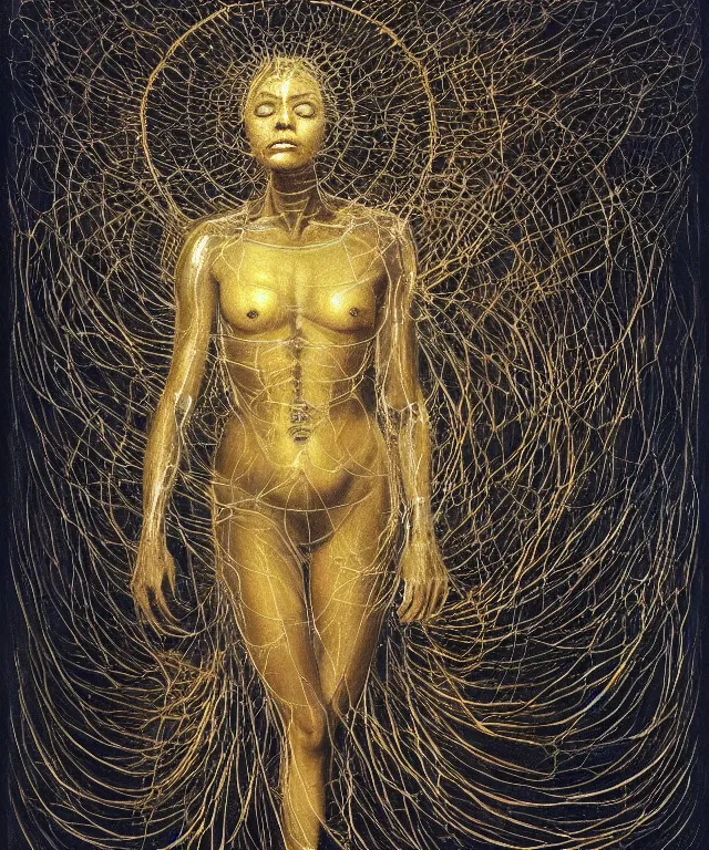 Prompt: Beautiful full-body wax sculpture of a glowing transparent insect with a woman face with visible gold bones covered with melted white wax inside the singularity where stars becoming baroque folds of dark matter of Samsara by Michelangelo da Caravaggio, Nicola Samori, William Blake, Alex Grey and Beksinski, dramatic volumetric lighting, highly detailed oil painting, the golden ratio intial composition, 8k, masterpiece